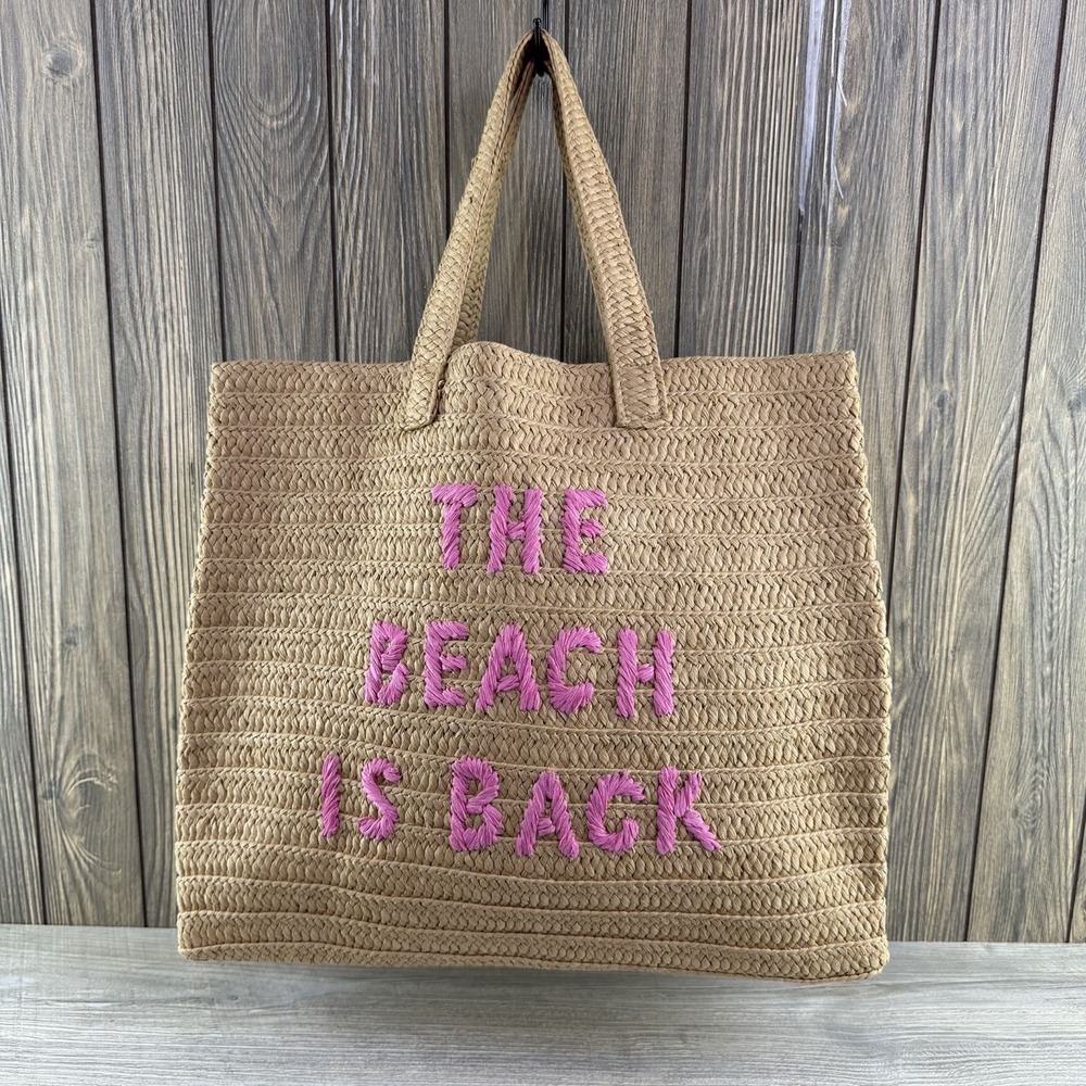BTB Los Angeles The Beach Is Back Straw Tote Bag Sand Pink Large Beach Bag